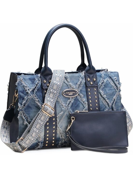 Handbags - Women's Denim Blue Wallet Set Top Handle Satchel Shoulder 3pcs Hobo Handbag
